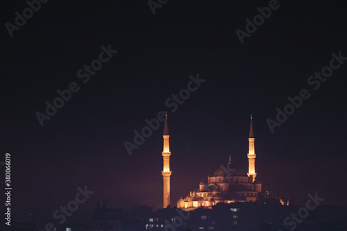 illuminated sehzade mosque at night, istanbul, Turkey photo