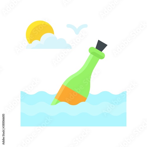 ocean related message in bottle with water waves, birds, and sun vector in flat style,