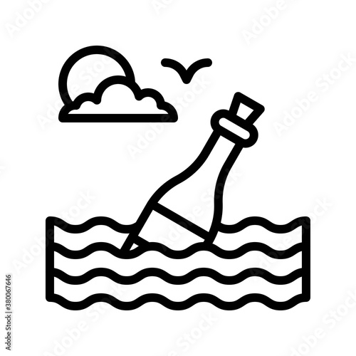 ocean related message in bottle with water waves, birds, and sun vector in lineal style,