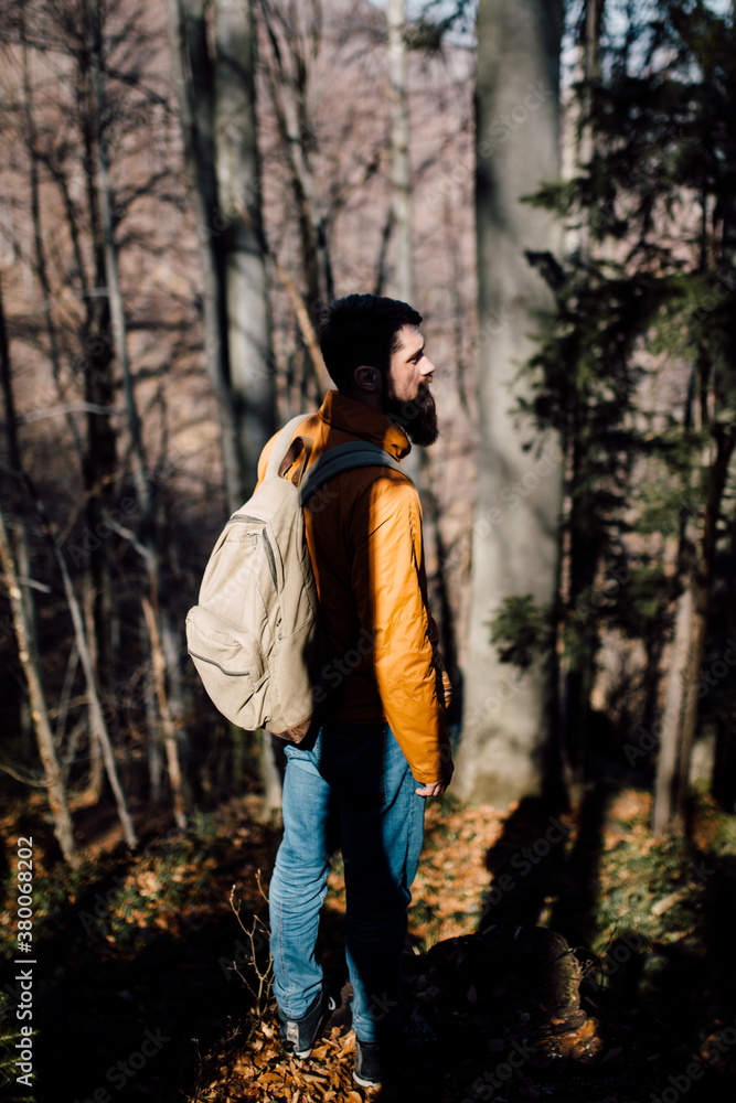 Young man exploring in the forest Young man exploring in the forest