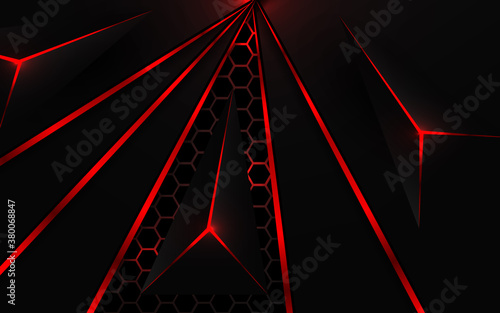 Abstract technology background with red and black metal texture on hexagon shape composition. Futuristic light vector graphic. Layout design template for corporate banner, web, wallpaper, presentation