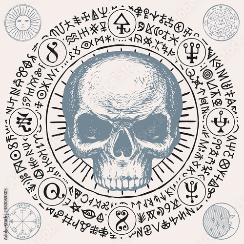 Illustration with a sinister human skull and magic symbols. Hand-drawn vector banner with Sun, Moon and cryptic signs written in a circle in retro style