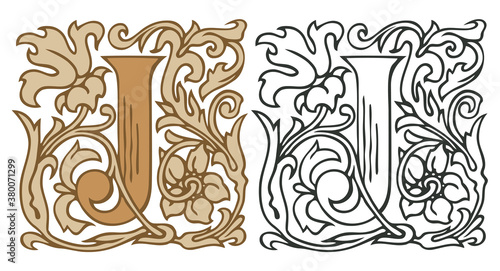 Initial letter J with vintage Baroque decorations. Two vector uppercase letters J in beige and black-white colors. Beautiful filigree capital letter to use for monogram, logo, emblem, card, invitation