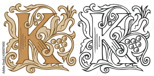 Initial letter K with vintage Baroque decorations. Two vector uppercase letters K in beige and black-white colors. Beautiful filigree capital letter to use for monogram, logo, emblem, card, invitation