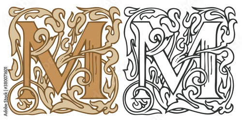 Initial letter M with vintage Baroque decorations. Two vector uppercase letters M in beige and black-white colors. Beautiful filigree capital letter to use for monogram, logo, emblem, card, invitation