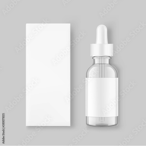 Dropper bottle mockup. Vector illustration. Front view. Сan be used for cosmetic, medical and other needs. EPS10.	