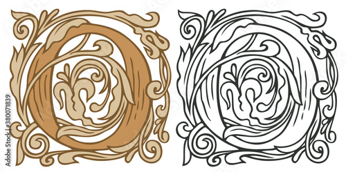 Initial letter O with vintage Baroque decorations. Two vector uppercase letters O in beige and black-white colors. Beautiful filigree capital letter to use for monogram, logo, emblem, card, invitation