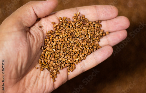 Hand holds buckwheat. A pinch of groats. Buckwheat on a white background. Selected buckwheat. Groats on a white table.