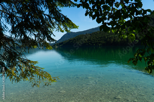 walchensee tropical lake in the alp mountains with cyan clear water