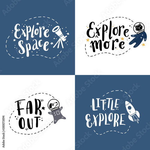 Cute hand drawn lettering space and galaxy quote with star elements. Space text by doodle style. Vector illustration slogan Little explore, Explore more, Far out for kids poster, children print.
