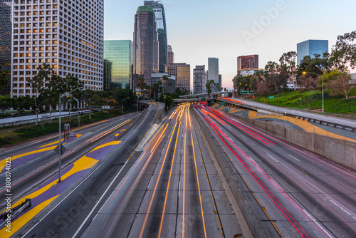 Los Angeles evening skyline and traffic