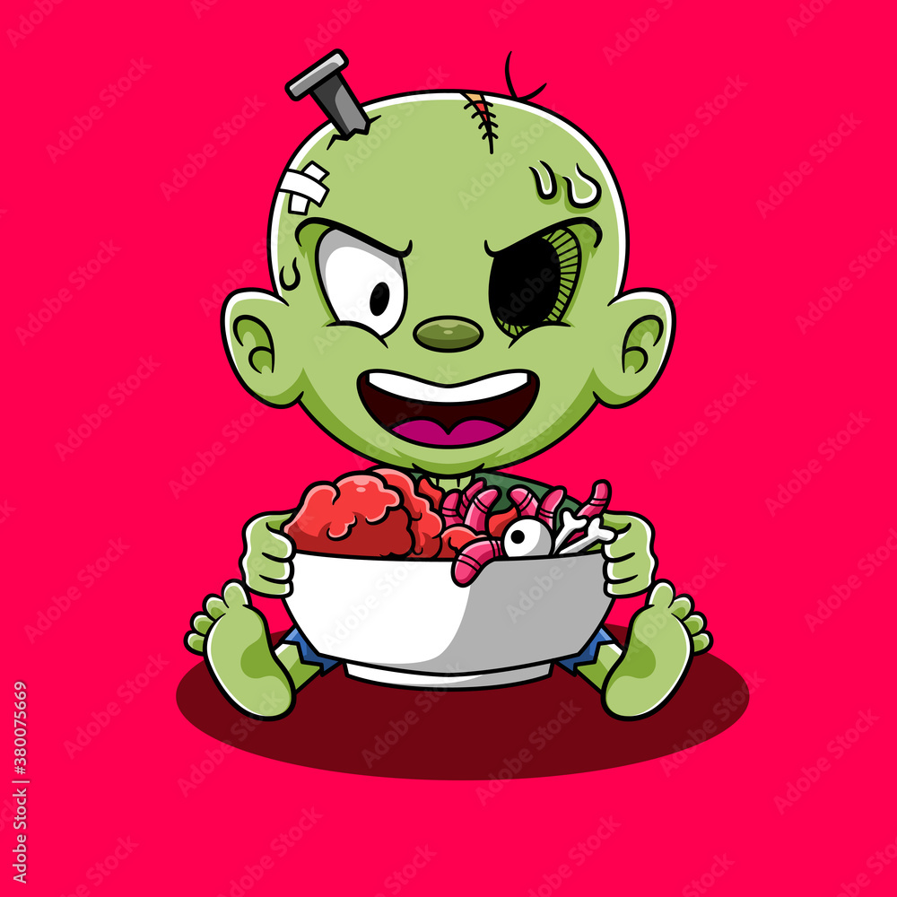 Vector illustration baby zombie character holding bowl filled brain and