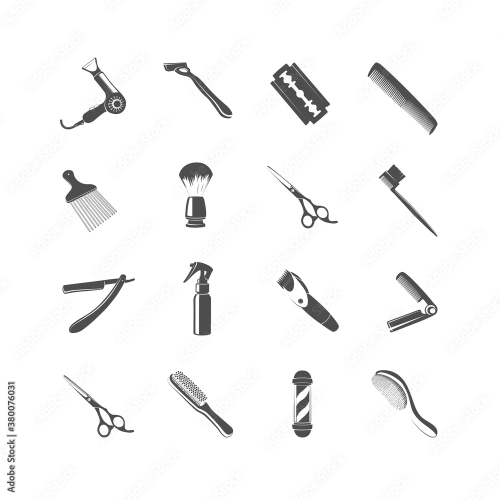 Vector icons for barbershop. Combs, hairdressing scissors, shaving brush, mustache brush, beard comb, hair dryer, spray bottle. Black illustration isolated on white background. Vector icons for barbershop. Combs, hairdressing scissors, shaving brush, mustache brush, beard comb, hair dryer, spray bottle. Black illustration isolated on white background.