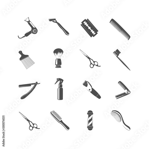 Vector icons for barbershop. Combs, hairdressing scissors, shaving brush, mustache brush, beard comb, hair dryer, spray bottle. Black illustration isolated on white background.
