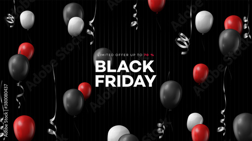Black friday sale. Realistic background flying ballooons. Black friday banner. Dark background header for website