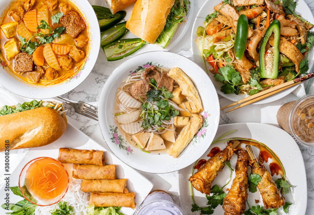 Vegan Vietnamese pho soup made with tofu and seitan. Traditional dishes from Vietnam made vegan without real meat using vegetables and meat-substitutes. Meat-free bahn mi, egg rolls, and soup. Vegan Vietnamese pho soup made with tofu and seitan. Traditional dishes from Vietnam made vegan without real meat using vegetables and meat-substitutes. Meat-free bahn mi, egg rolls, and soup.