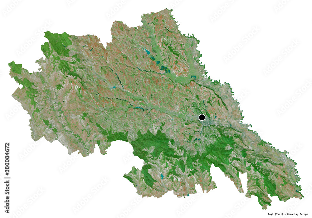 Iasi, county of Romania, on white. Satellite