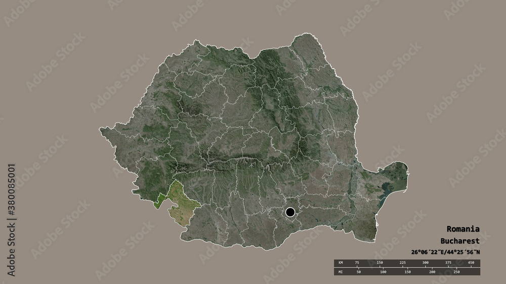 Location of Mehedinti, county of Romania,. Satellite