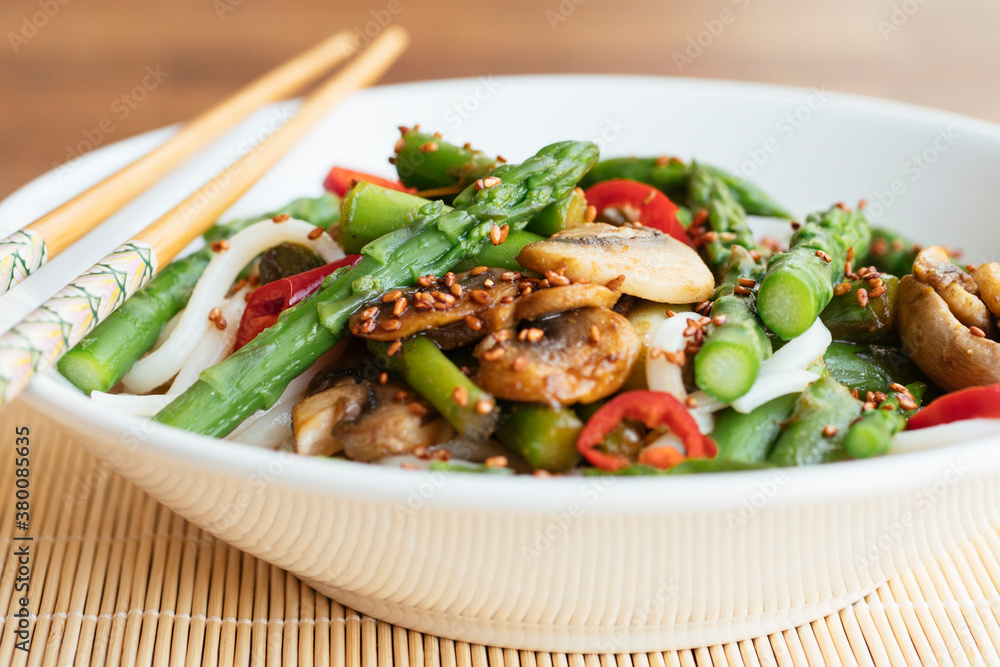 Asparagus, Mushroom Stir-Fry on Asian Noodles Asparagus, Mushroom Stir-Fry on Asian Noodles