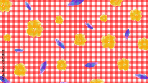 Red gingham and floral pattern background