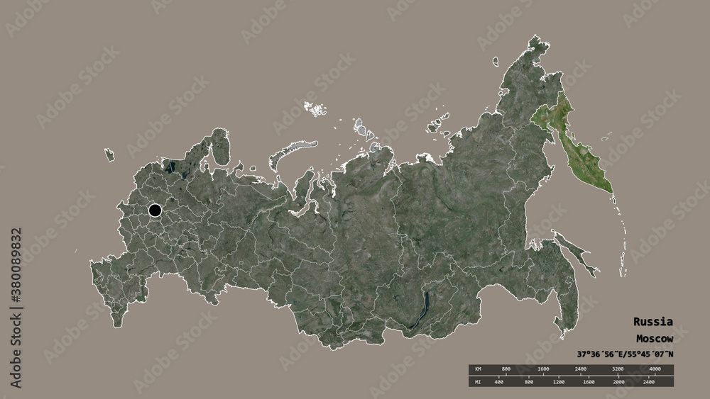 Location of Kamchatka, territory of Russia,. Satellite