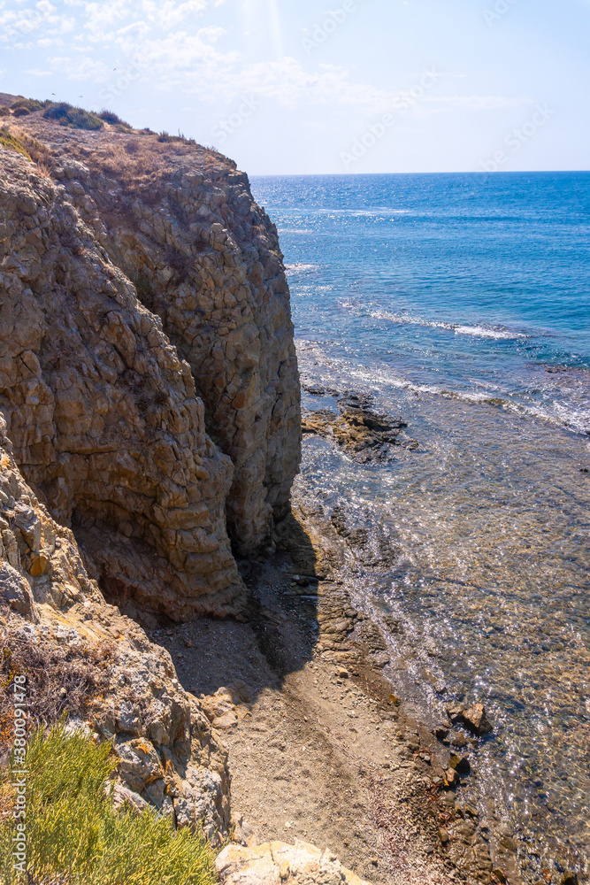 Walls of the rocks of La Isleta del Moro in the natural park of Cabo de Gata, Nijar, Andalucia. Spain, Mediterranean Sea