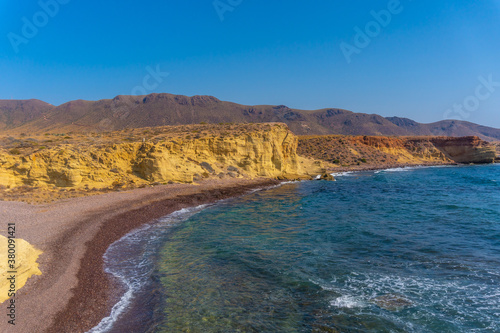 The beautiful beach on the coast of La Isleta del Moro in the Cabo de Gata natural park  Nijar  Andalucia. Spain  Mediterranean Sea