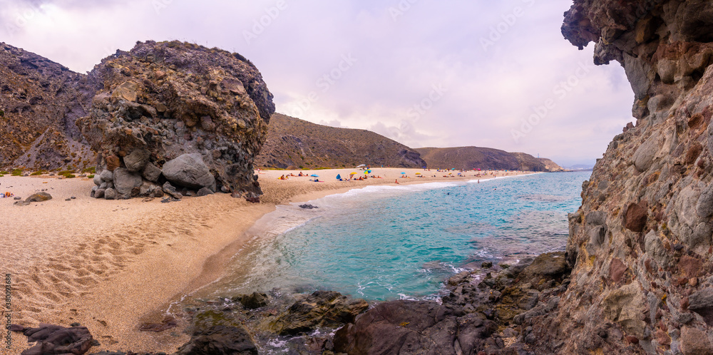 Panoramic of the Playa de los Muertos in the natural park of Cabo de Gata, Nijar, Andalucia. Spain