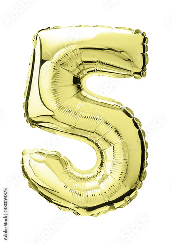 Balloon of mylar number 5  golden color isolated on white