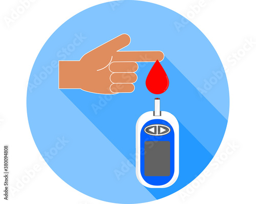 Flat design hand with blood drop with sugar glucose meter conceptual for diabetes type 2 Use for Graphic, Vector illustrations, ad, artwork, template.