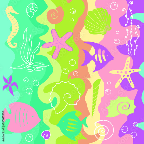 Sea life marine creatures colorful pattern. Vector illustration. Vector graphic illustration.