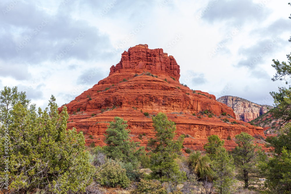 Scenic view of red rock mountains and green forest near Sedona, Arizona