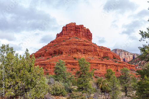 Scenic view of red rock mountains and green forest near Sedona  Arizona