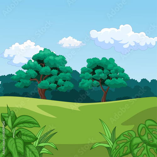 Nature landscape background with green grass and trees
