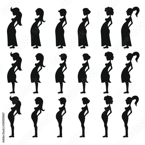 Pregnant Woman Silhouette Set. Clip Art Vector Illustration.