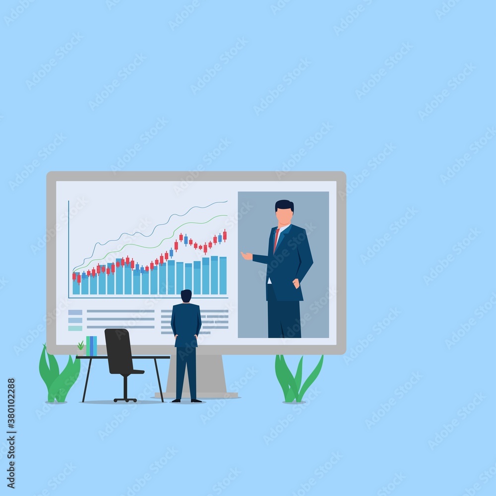 Man see video on monitor about stock learning metaphor of webinar. Business flat vector concept illustration. Man see video on monitor about stock learning metaphor of webinar. Business flat vector concept illustration.