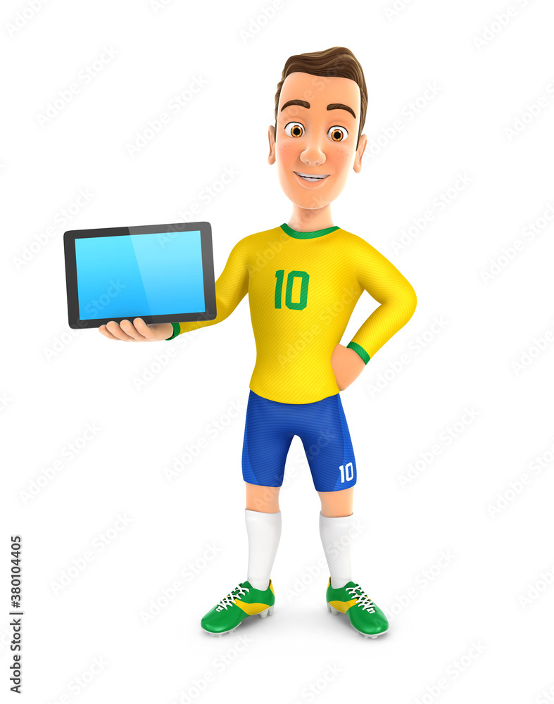 3d soccer player yellow jersey standing with a tablet 3d soccer player yellow jersey standing with a tablet