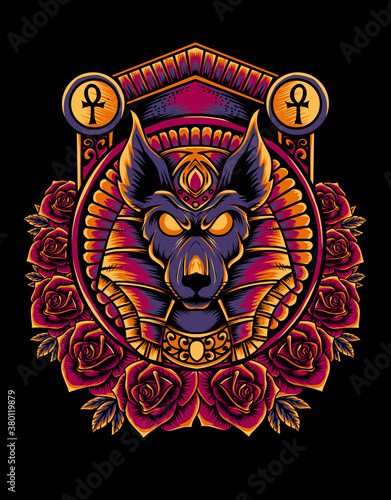 Illustration vector Ancient Egypt Anubis god of war on black background.