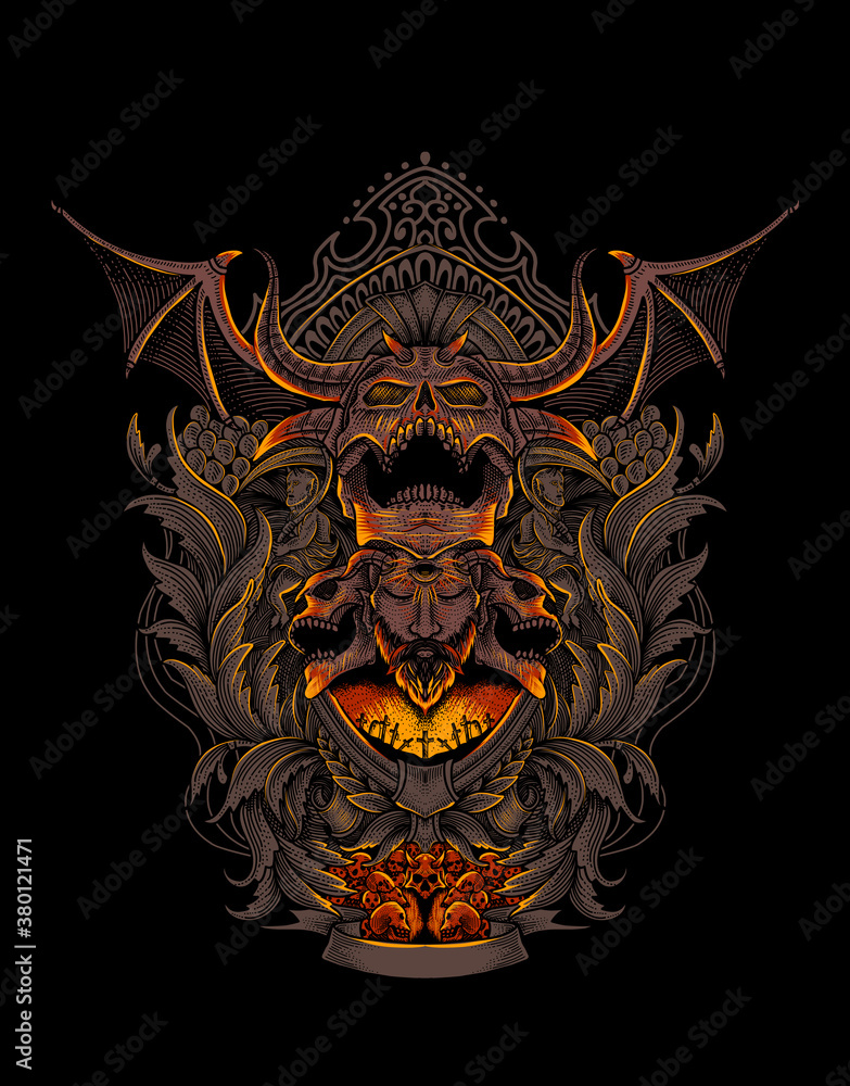 Fototapeta premium Demon skull with vintage engraving pattern-vector illustration art.