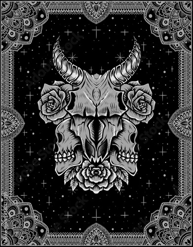 Illustration vector goat skull with antique vintage flower.