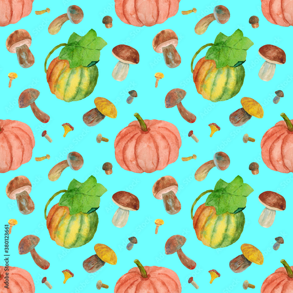 Autumn picturesque pattern with pumpkins and mushrooms on a turquoise background. Drawn in watercolor by hand. Can be used for fabric, packaging, postcards. Autumn picturesque pattern with pumpkins and mushrooms on a turquoise background. Drawn in watercolor by hand. Can be used for fabric, packaging, postcards.