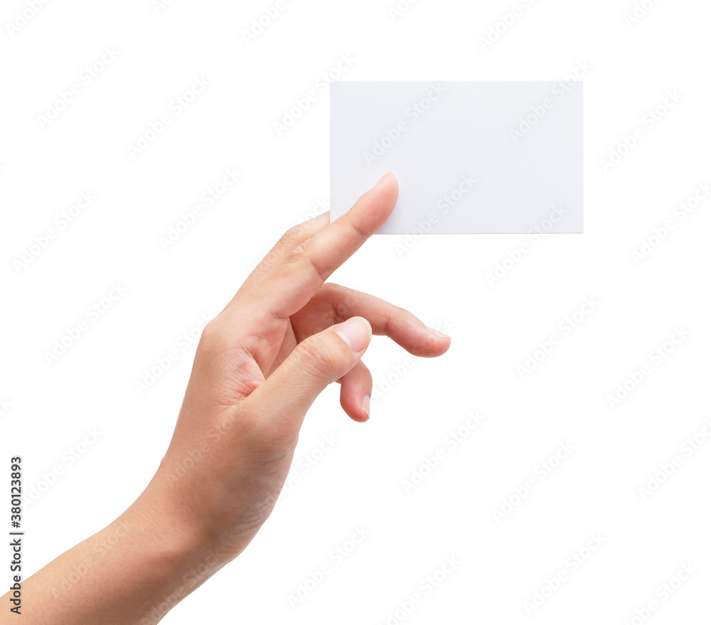 A woman's hand holding a plain business card on a white background A woman's hand holding a plain business card on a white background