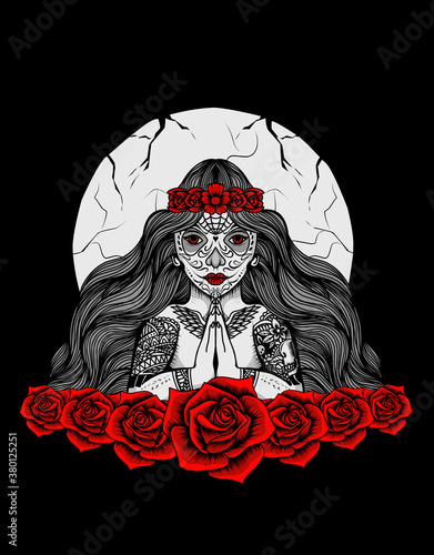 Illustration vector sugar skull woman with tattoo in hand and rose flower.