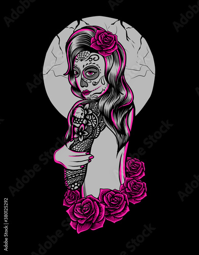 Illustration vector sugar skull woman with tattoo in hand and rose flower.