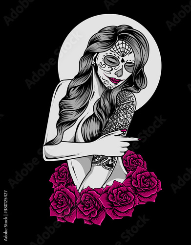 Illustration vector sugar skull woman with tattoo in hand and rose flower.
