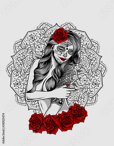 Illustration vector sugar skull woman with tattoo in hand and rose flower.