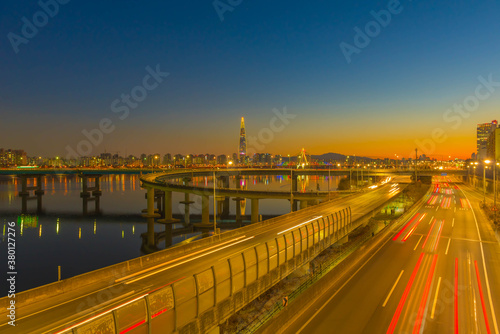 Sunset at Seoul ,downtown lotte and han river best view landmark and traffic in Seoul,South Korea