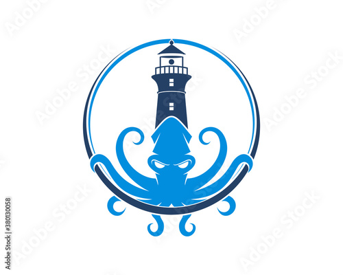 Octopus and lighthouse inside the circle