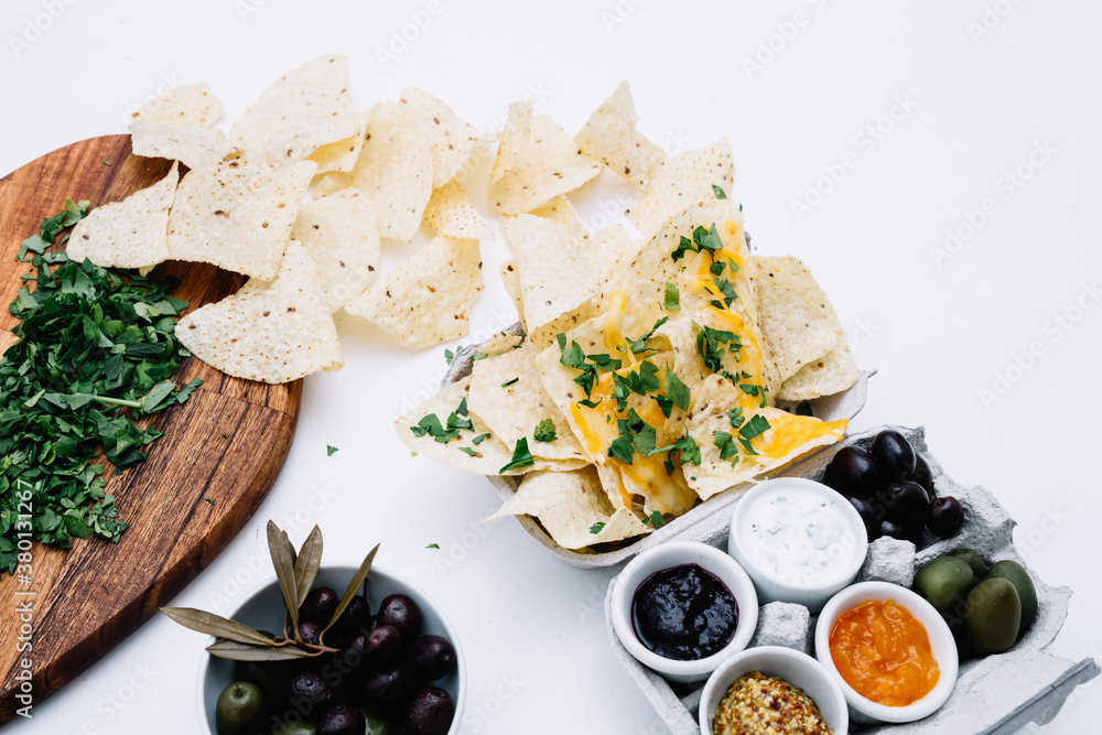 Delicious snack served on white table Delicious snack served on white table