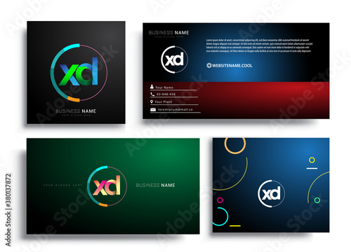 Letter XD logotype with colorful circle, letter combination logo design with ring, sets of business card for company identity, creative industry, web, isolated on white background.